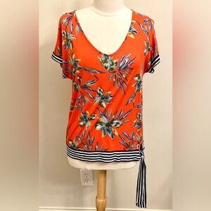 Lascana for Venus Red Floral Black White Striped Dolman Sleeve Waist Tie Top S